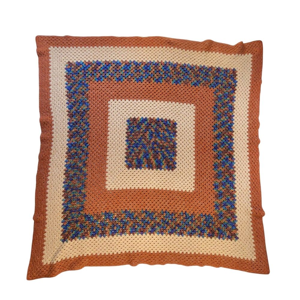Handmade Crochet Afghan Throw Blanket Orange Cream Blue 60x60 Granny Square Vtg